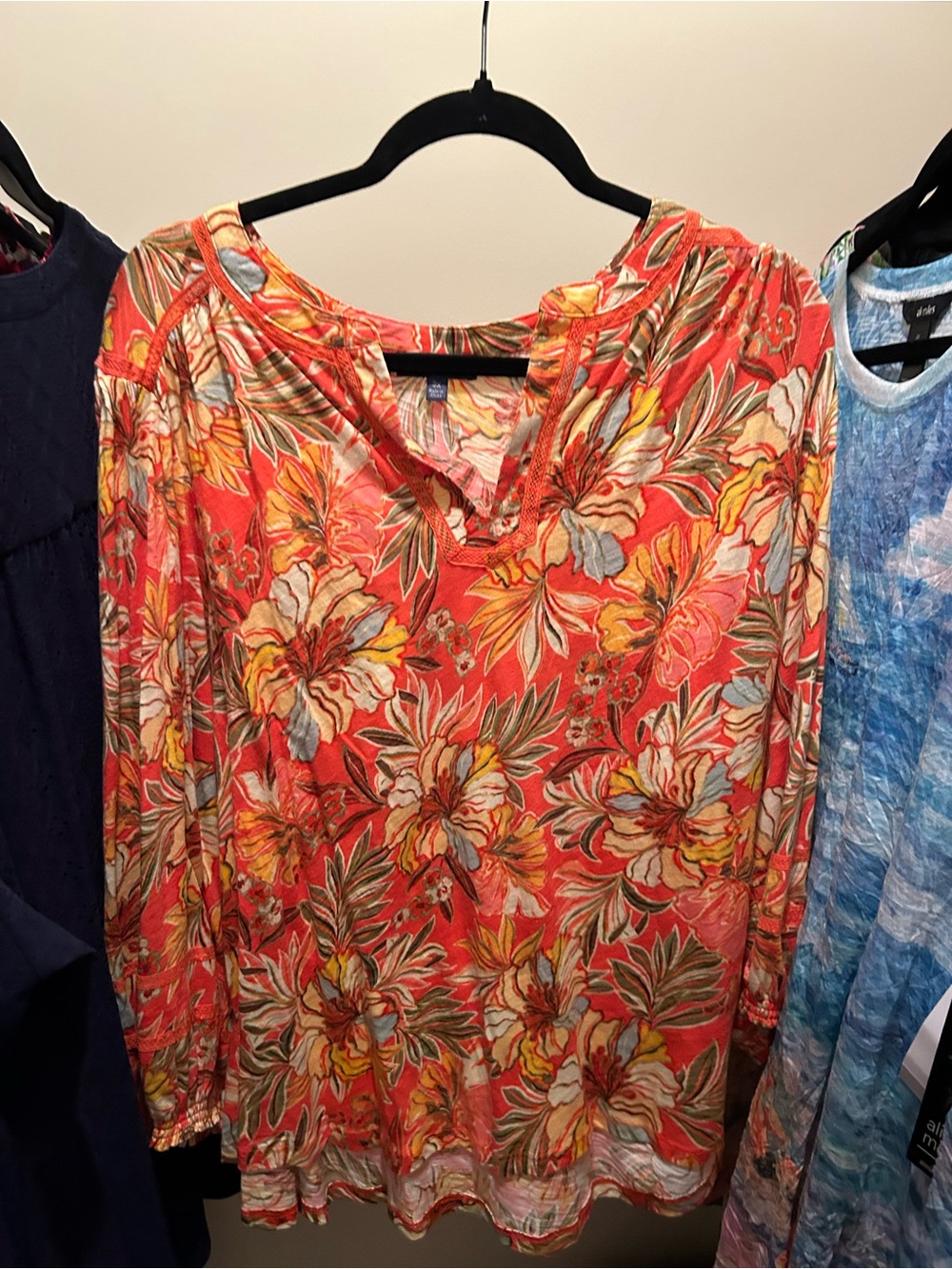 Democracy Coral Floral V-Neck Tunic Top